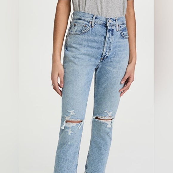 Agolde Riley Crop Jeans High Rise Light Wash Distressed Knees Size 26 Women's - Picture 1 of 10
